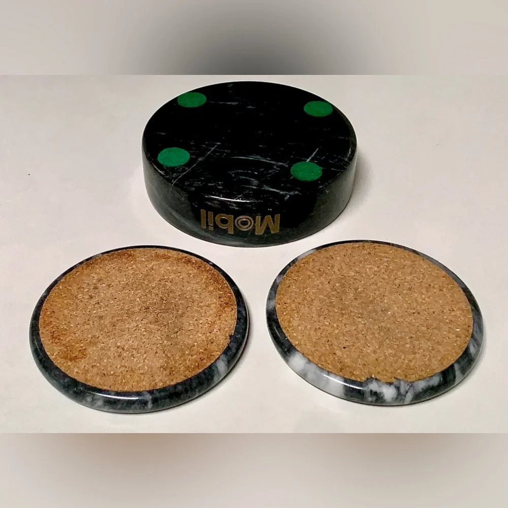 Vintage Executive Set of 2 Black Marble MOBIL Pegasus Logo Drink Coasters